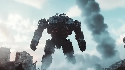 Giant robot stands amidst a devastated cityscape, with smoke rising and a lone figure observing the scene - Powered by Adobe