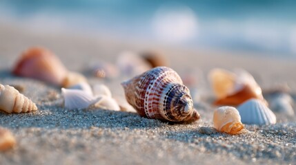 Seashells spread across beach sand