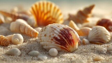 Seashells spread across beach sand