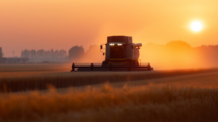 Fototapeta premium Combine harvester working on wheat field during golden sunset in rural landscape. 