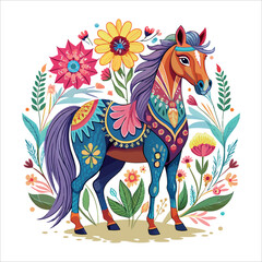 Black running wild mustang horse with a flower vector illustration