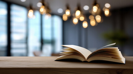 Fototapeta premium Open book on wooden table in modern library with blurred shelves and warm lighting in background. 