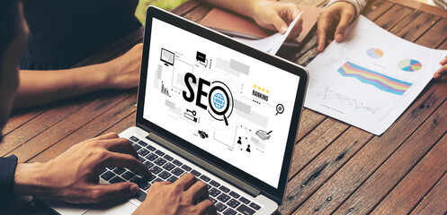 SEO search engine optimization for modish e-commerce and online retail business showing on computer...