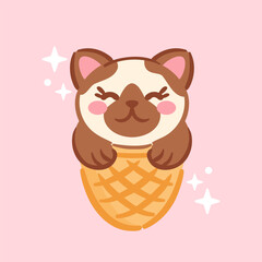 A cute and playful Siamese kitten in a waffle ice cream cone, exuding kawaii charm. The kitten s big expressive eyes and playful pose bring joy, making this illustration perfect for a whimsical design