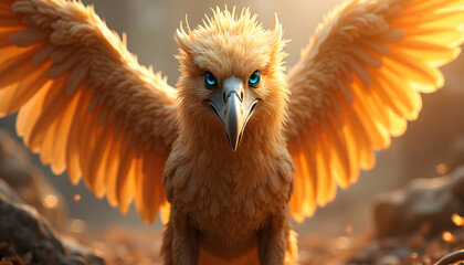 Fototapeta premium Majestic Golden Bird with Piercing Blue Eyes