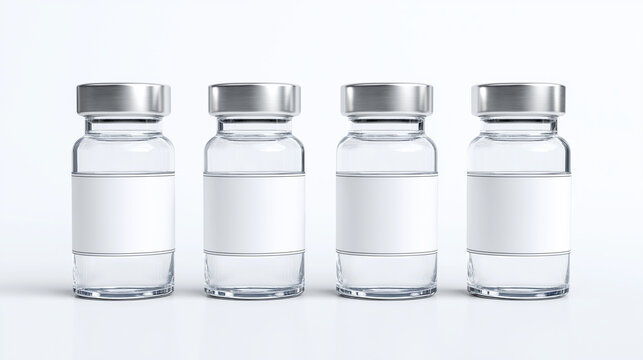 Four blank medical vials standing in a row on white background, ready for labeling or use.
