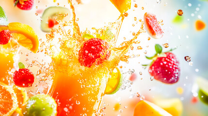 Juicy fruits bursting into juice splash energetic drink motion scene