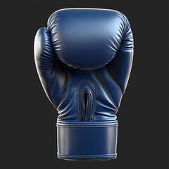 A single blue boxing glove standing upright against a dark gray background in a studio setting