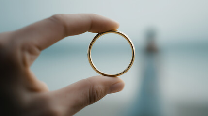 Hand holding wedding ring with blurred bride in white dress framed through the ring on beach.
