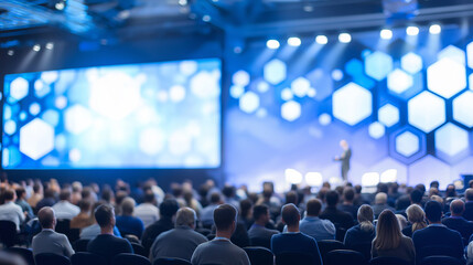 Business conference with speaker on stage and audience listening.