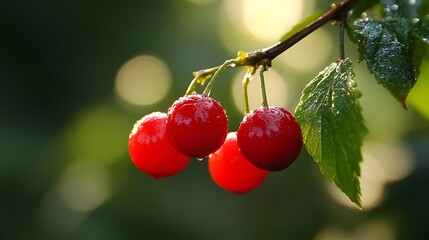 Obraz premium Juicy Red Cherries on Branch Sunlight Dew Drops