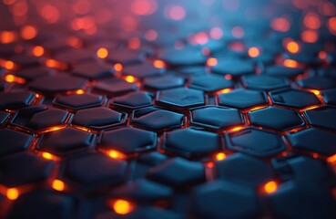 Obraz premium Abstract background of hexagon pattern with glowing lights. 3D futuristic geometric shapes, honeycomb structure, tech design. Idea for business tech science backgrounds, digital wallpaper, concept