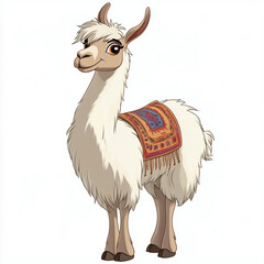 Cute Cartoon Llama with Colorful Saddle Friendly Farm Animal Illustration