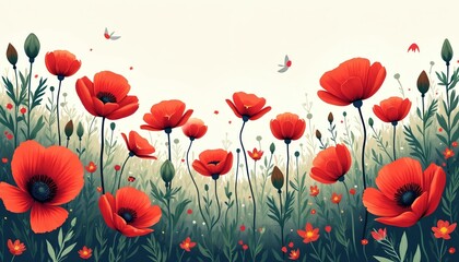 Fototapeta premium Vibrant illustration of red poppies with open petals in field. Blooming flowers against rich plants, delicate floral elements, butterflies. Nature background for greeting cards, wallpaper, textile