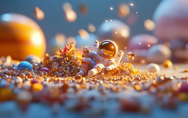 Astronaut Relaxing on Alien Planet, Space Rocks, Golden Dust, Cosmic Scene
