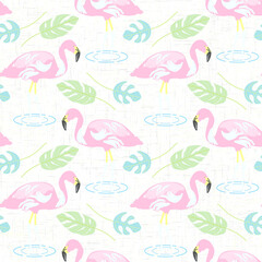 Seamless tropical pattern with pink flamingos and monstera leaves on white texture background