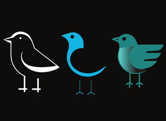 Three Stylized Birds in White Blue and Teal on a Black Background Representing Different Design Styles and Concepts