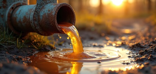 Polluted wastewater flows from old rusty pipe. Brown liquid contaminates earth, impacting eco. Environmental problem, pollution, harmful substance. Concerns, public health issues, hazard. Sunset