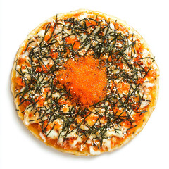 Overhead view of a round pizza topped with seaweed sesame seeds and orange fish roe on a white background