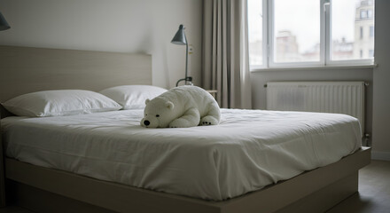 Polar bear sleeping in a modern bedroom