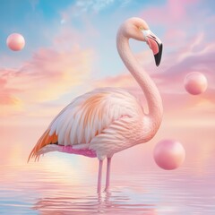 Fototapeta premium Elegant Flamingo Standing Gracefully by Calm Water Surrounded by Soft Pink Bubbles and Colorful Sunset Sky