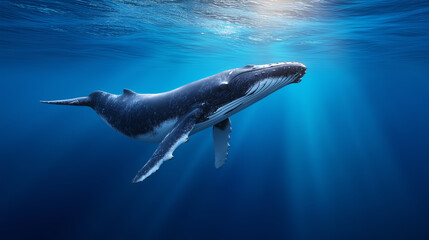 Obraz premium Humpback whale swimming gracefully underwater with sunbeams shining through ocean surface. 