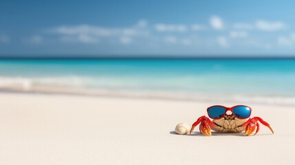 Obraz premium Red crab sporting stylish sunglasses relaxes on sandy beach, copy space