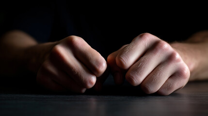 Two clenched fists pressed against a wooden table in a dark dramatic setting.
