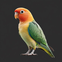 A peach faced lovebird standing with its colorful plumage on a gray background in a studio shot