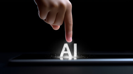 Baby hand touching illuminated AI letters on digital tablet in dark background.