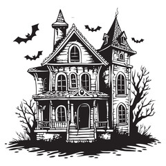Creepy Haunted House with Bats, Haunted House Clipart, Halloween Haunted House isolated on a white background
