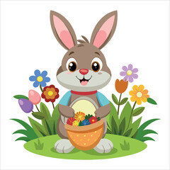 Cute Easter bunny and colorful eggs in a grassy spring garden