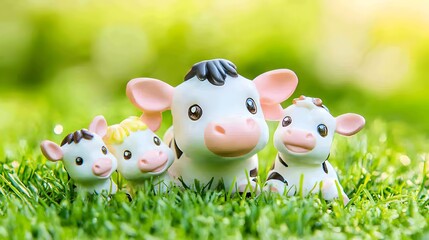 Adorable Cow Family in Green Grass Pasture