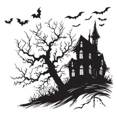 Fototapeta premium Creepy Haunted House with Bats, Haunted House Clipart, Halloween Haunted House isolated on a white background