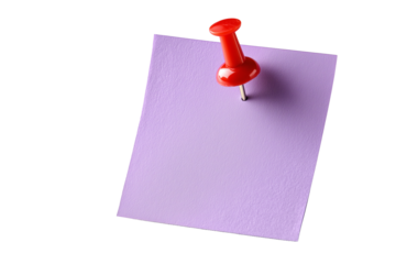 purple sticky note hold by red push pin on transparent background