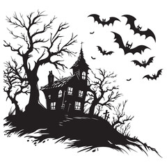 Fototapeta premium Creepy Haunted House with Bats, Haunted House Clipart, Halloween Haunted House isolated on a white background