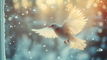 Obraz premium Flying bird captured in mid-air with snowflakes and soft light