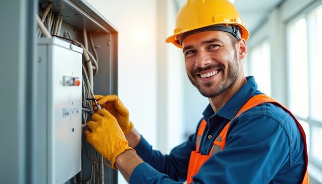 Smiling electrician repairs electrical box in a well-lit corridor. Technician wears safety gear gloves, safety vest, hard hat. Man works with wires, demonstrates expertise, pro service.