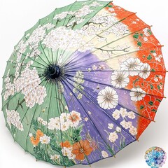 Decorative Japanese umbrella with floral design in vibrant colors  