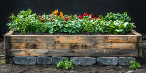Finished raised bed filled with soil and vibrant flowers and greens in a home garden during daytime