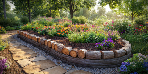 Freshly built hugelkultur mound surrounded by vibrant flowers and greenery in a garden setting