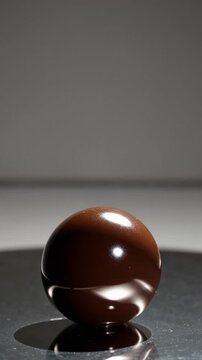 Sph&egrave;re parfaite en chocolat brillant sur surface r&eacute;fl&eacute;chissante

