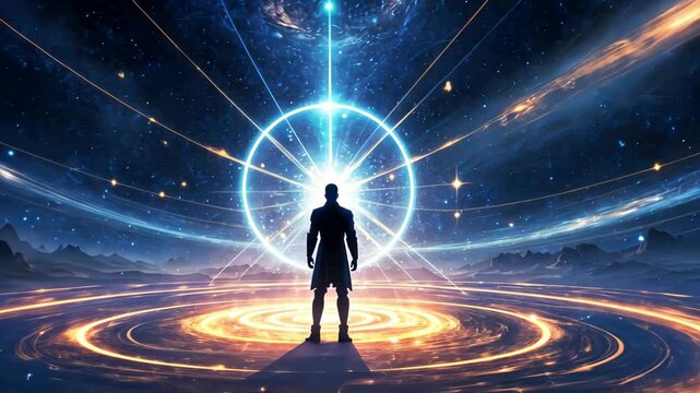 Man standing in glowing cosmic portal surrounded by swirling stars and futuristic energy rings