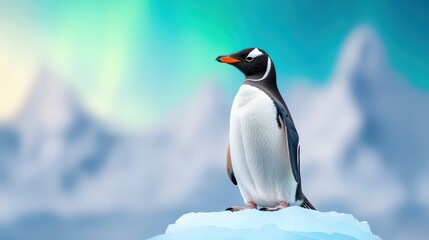 Naklejka premium Majestic Gentoo Penguin Standing Proudly on Ice in Arctic Landscape with Colorful Aurora Borealis Background