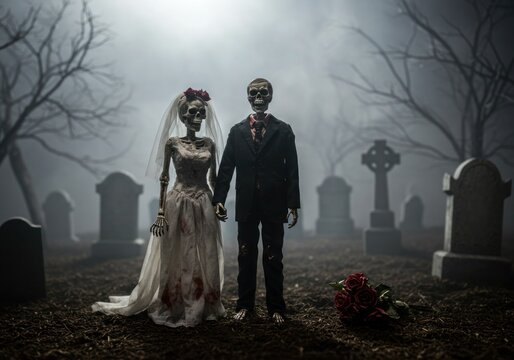 Undead Newlyweds Holding Hands Amidst Fog in a Spooky Graveyard at Dusk