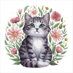 Adorable domestic feline kitten with captivating eyes looking at vibrant red and green flowers