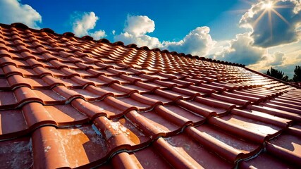 Shiny red clay roof tiles on house under bright blue sky with clouds and sun rays - Powered by Adobe
