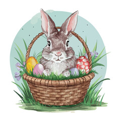 Cute Easter bunny with colorful eggs in a basket on green grass celebrates the spring holiday season