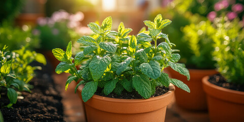Planting repellent herbs such as mint and rosemary in terracotta pots for natural pest control