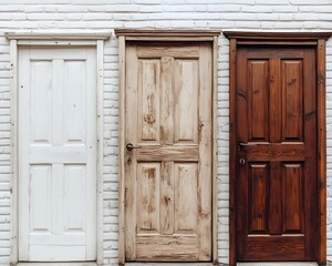 Three Old Wooden Doors White Brick Wall